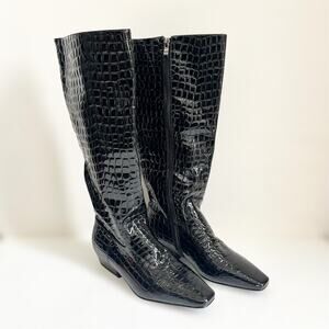 Knee High Pointed Snip Toe Crocodile Faux Black Glossy Leather Tall Boots Sz 6